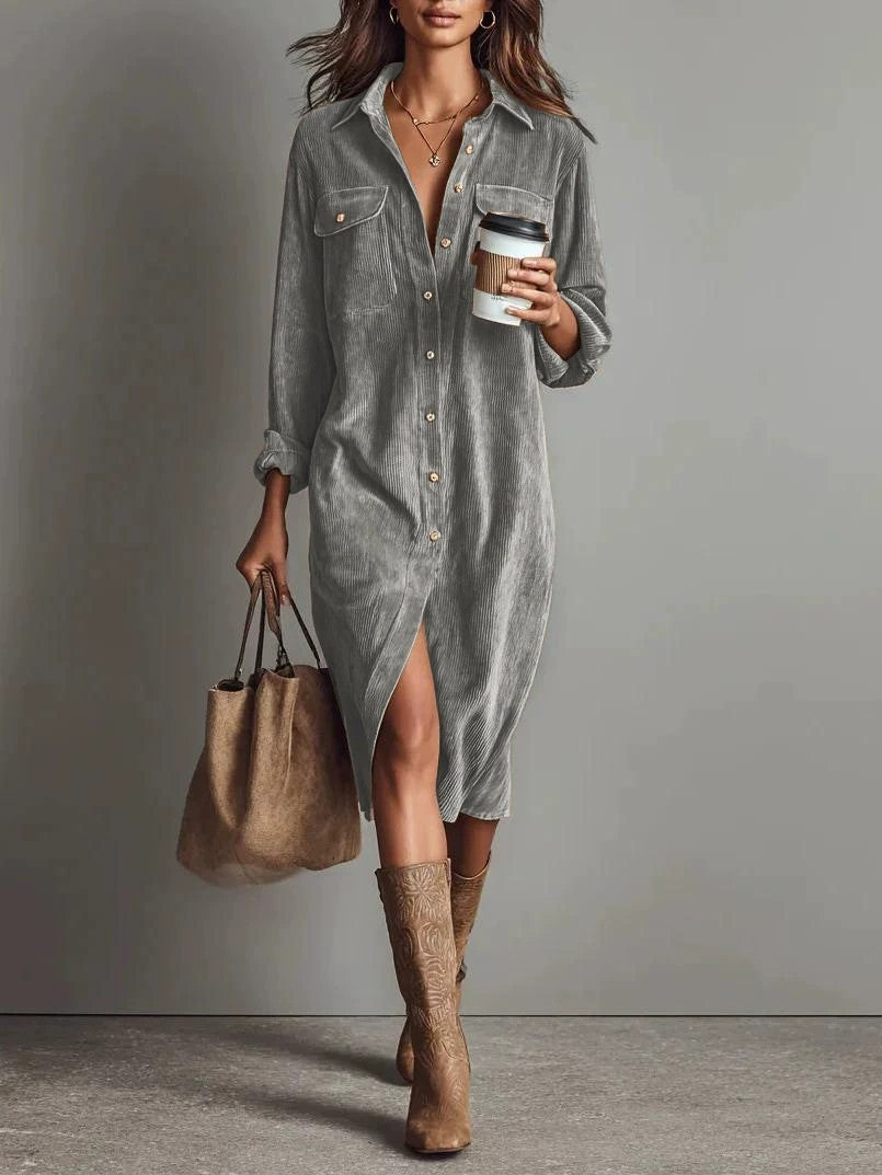 Turn-Down Collar Buttons Chic Casual Dress, Spring Autumn Solid Simple Party Holiday Dress