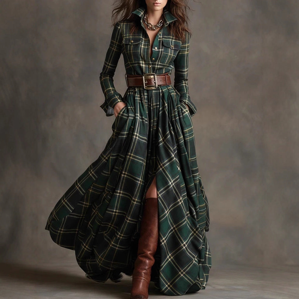 Ins Plaid Print Long-Sleeved Dress Fashion Pockets Collared Buttons Shirt Long Retro Dresses