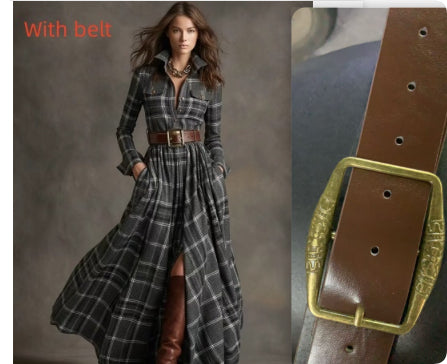 Ins Plaid Print Long-Sleeved Dress Fashion Pockets Collared Buttons Shirt Long Retro Dresses