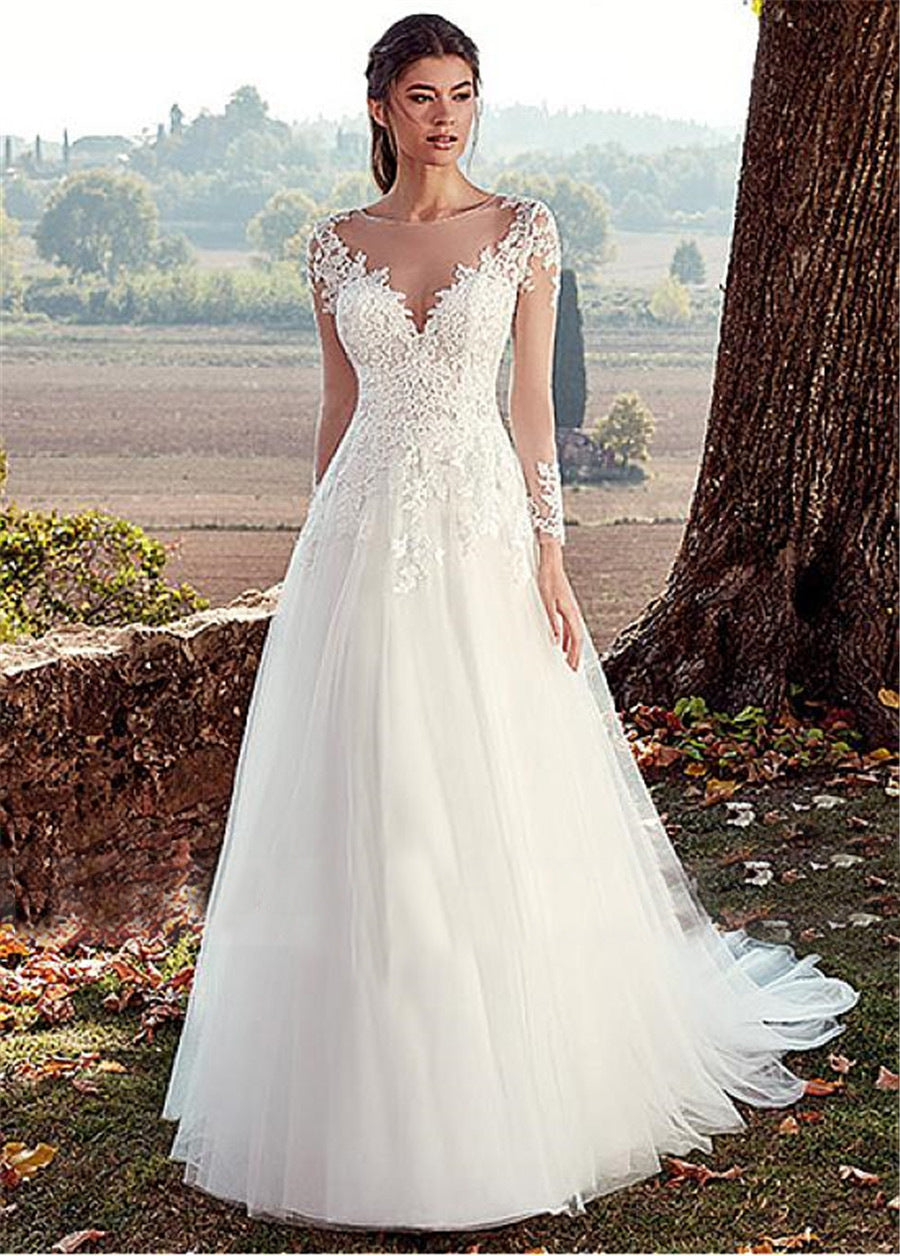 High U-neck Lace Long Sleeve A- Line Long Tail Simple Wedding Bridal Dress