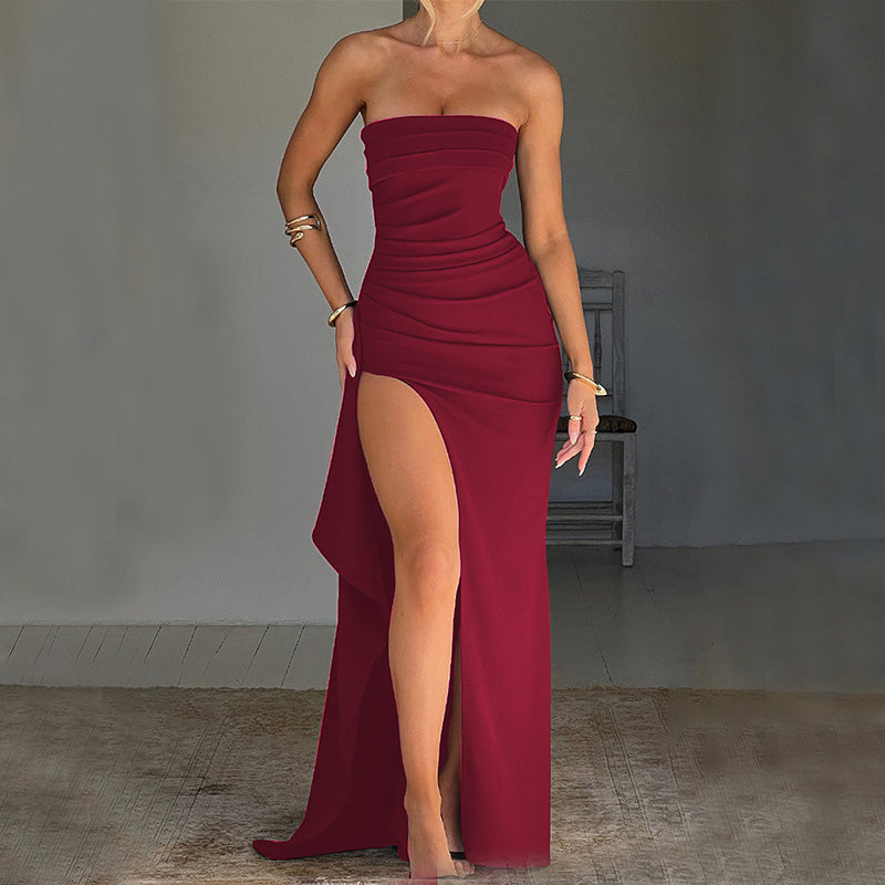 Strapless Split Long Summer Fashion Pleated Bridesmaid Dress Party Wedding