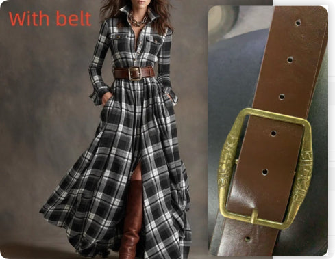 Ins Plaid Print Long-Sleeved Dress Fashion Pockets Collared Buttons Shirt Long Retro Dresses