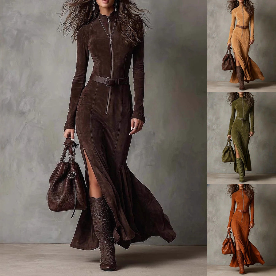 Slim Zipper Dress Elegant Temperament Split Long-sleeved Cowboy Fashion Retro Women's Clothing