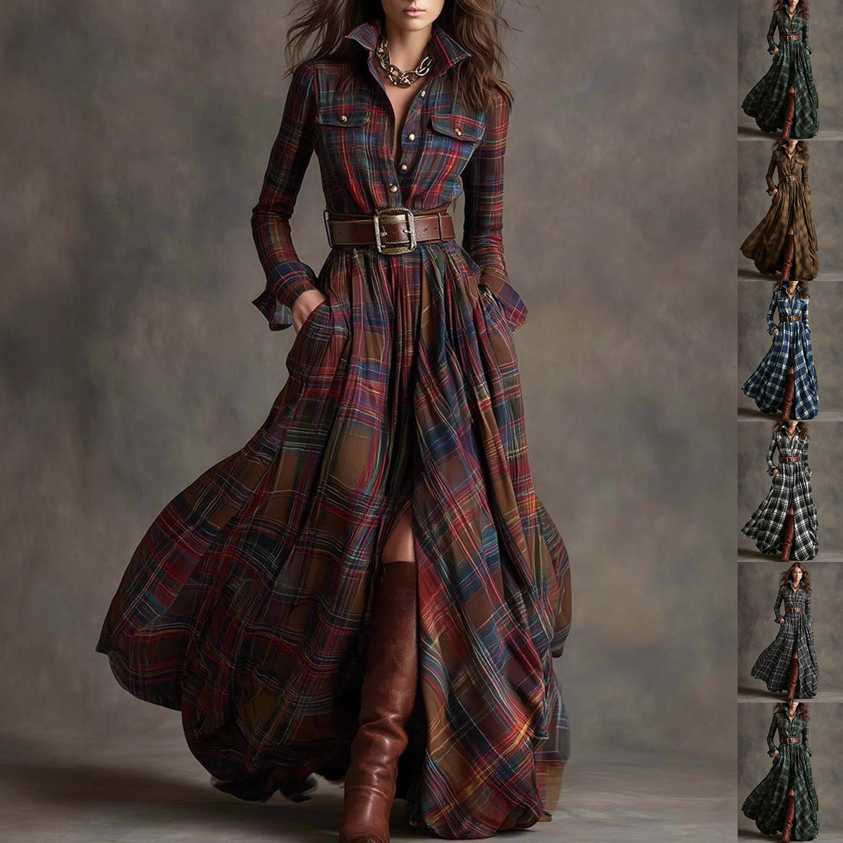 Ins Plaid Print Long-Sleeved Dress Fashion Pockets Collared Buttons Shirt Long Retro Dresses