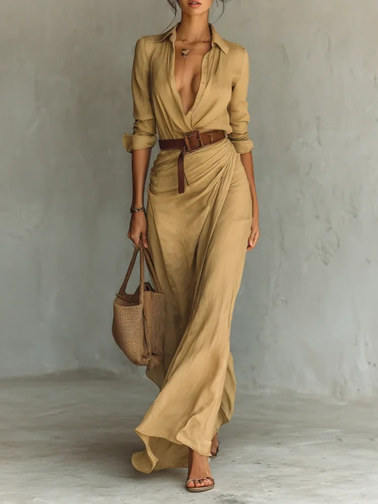 Irregular Long Dress With Belt Fashion And Elegant Button Lapel Long-sleeved Shirt Dresses