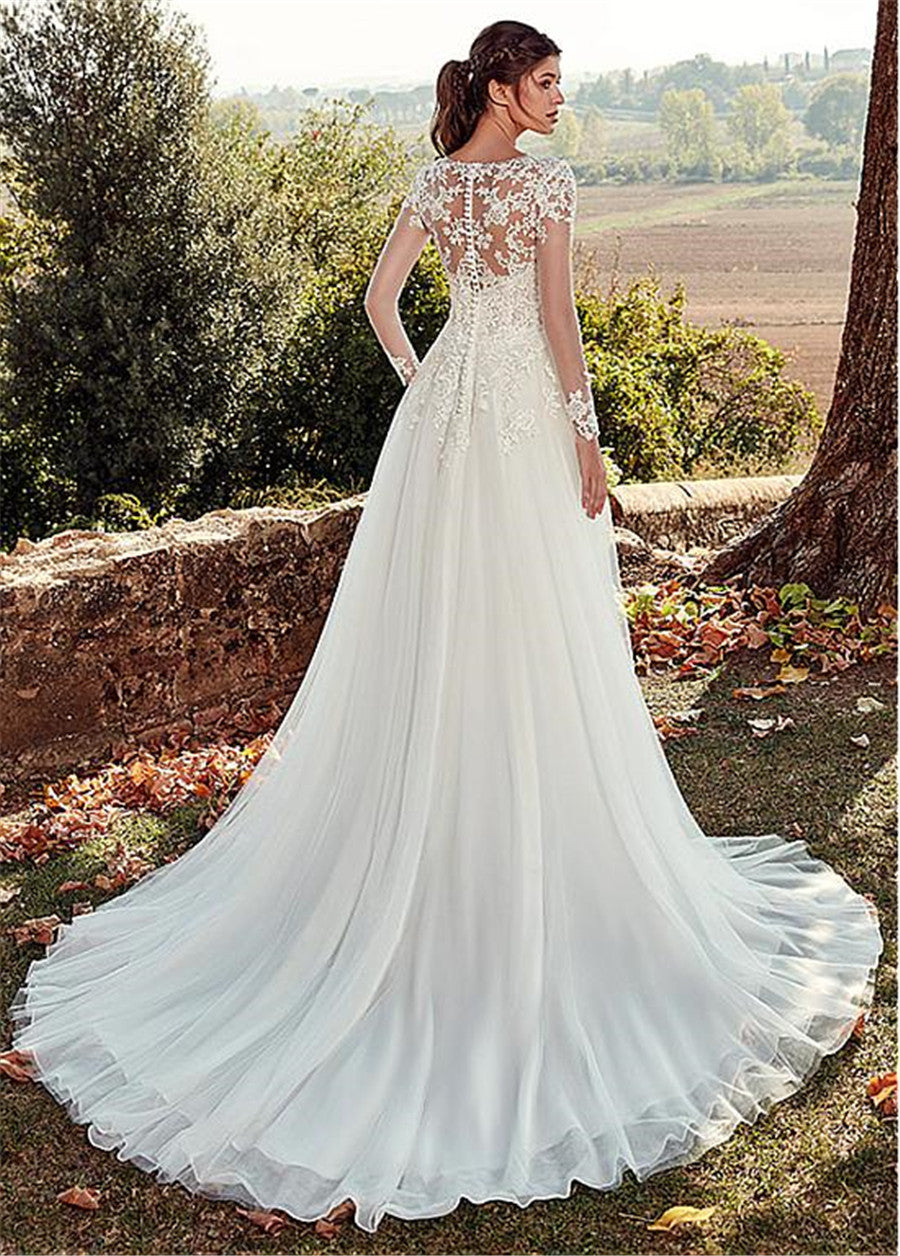 High U-neck Lace Long Sleeve A- Line Long Tail Simple Wedding Bridal Dress
