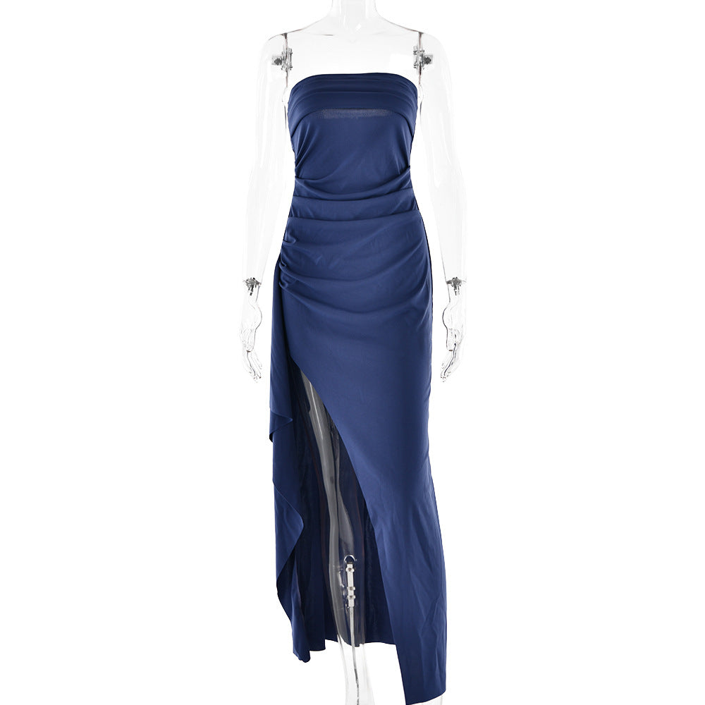 Strapless Split Long Summer Fashion Pleated Bridesmaid Dress Party Wedding
