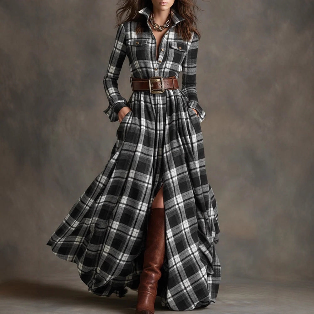 Ins Plaid Print Long-Sleeved Dress Fashion Pockets Collared Buttons Shirt Long Retro Dresses
