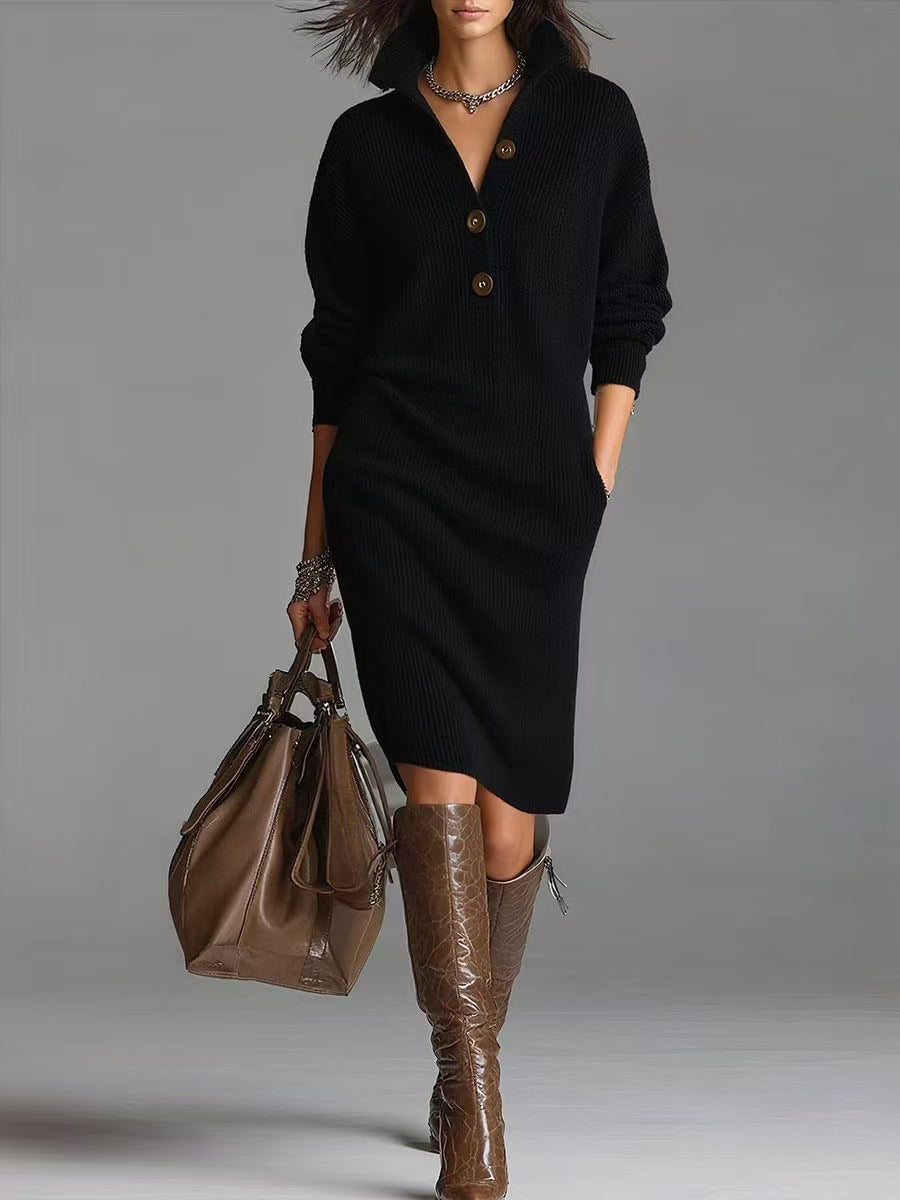 Long-sleeved Sweater Dress Fashion Warm Collar V-neck Button Pullover Casual Dresses