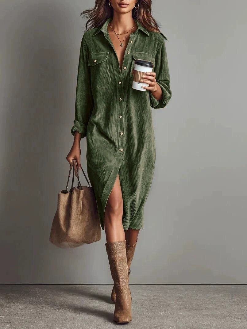 Turn-Down Collar Buttons Chic Casual Dress, Spring Autumn Solid Simple Party Holiday Dress