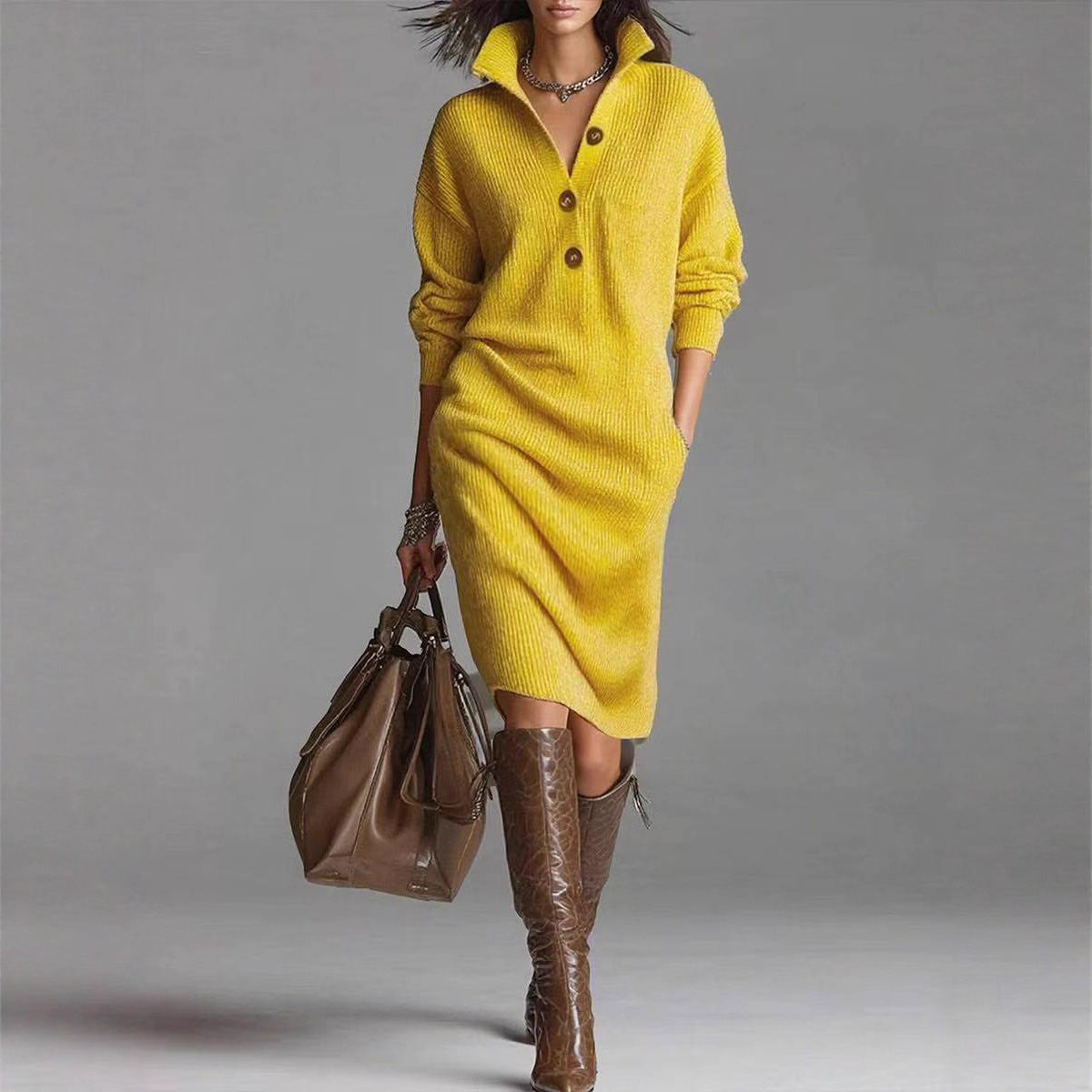 Long-sleeved Sweater Dress Fashion Warm Collar V-neck Button Pullover Casual Dresses