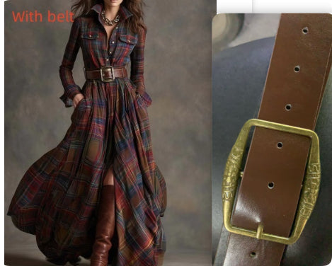 Ins Plaid Print Long-Sleeved Dress Fashion Pockets Collared Buttons Shirt Long Retro Dresses