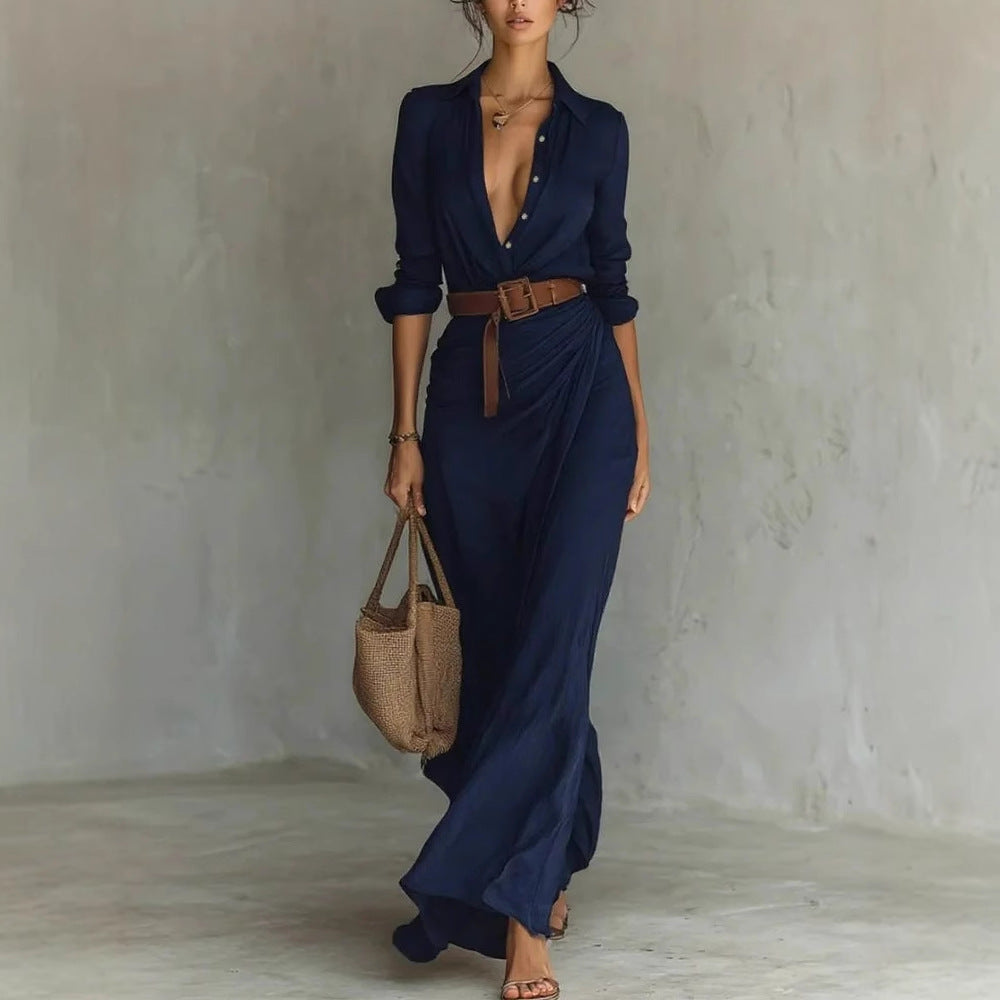 Irregular Long Dress With Belt Fashion And Elegant Button Lapel Long-sleeved Shirt Dresses