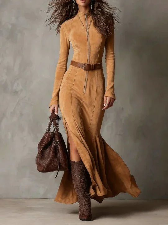 Slim Zipper Dress Elegant Temperament Split Long-sleeved Cowboy Fashion Retro Women's Clothing
