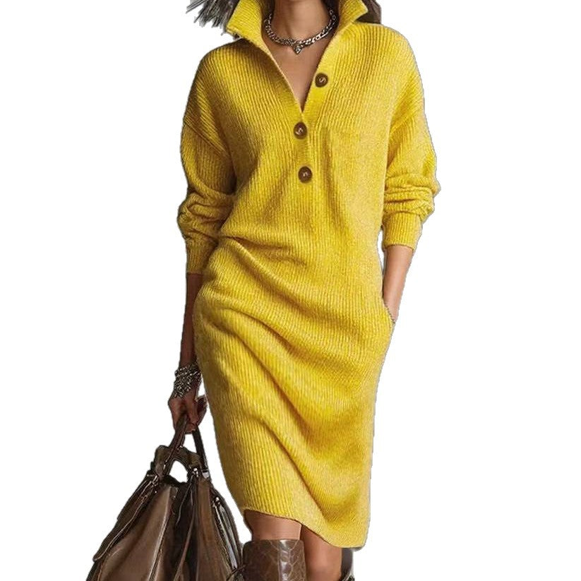 Long-sleeved Sweater Dress Fashion Warm Collar V-neck Button Pullover Casual Dresses
