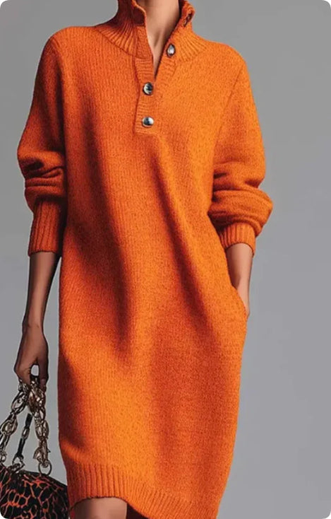 Long-sleeved Sweater Dress Fashion Warm Collar V-neck Button Pullover Casual Dresses