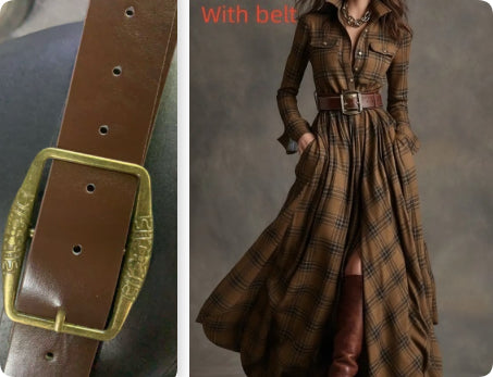Ins Plaid Print Long-Sleeved Dress Fashion Pockets Collared Buttons Shirt Long Retro Dresses