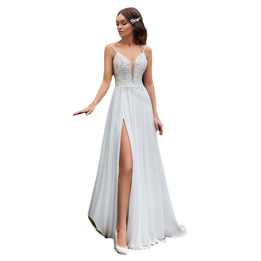 Side Slit Boho Beaded A-Line Wedding Dress Backless Chiffon Bridal Dress