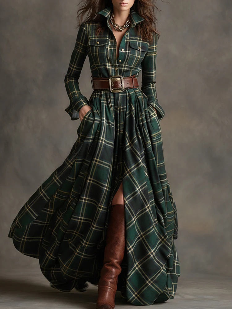 Ins Plaid Print Long-Sleeved Dress Fashion Pockets Collared Buttons Shirt Long Retro Dresses