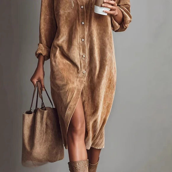 Turn-Down Collar Buttons Chic Casual Dress, Spring Autumn Solid Simple Party Holiday Dress
