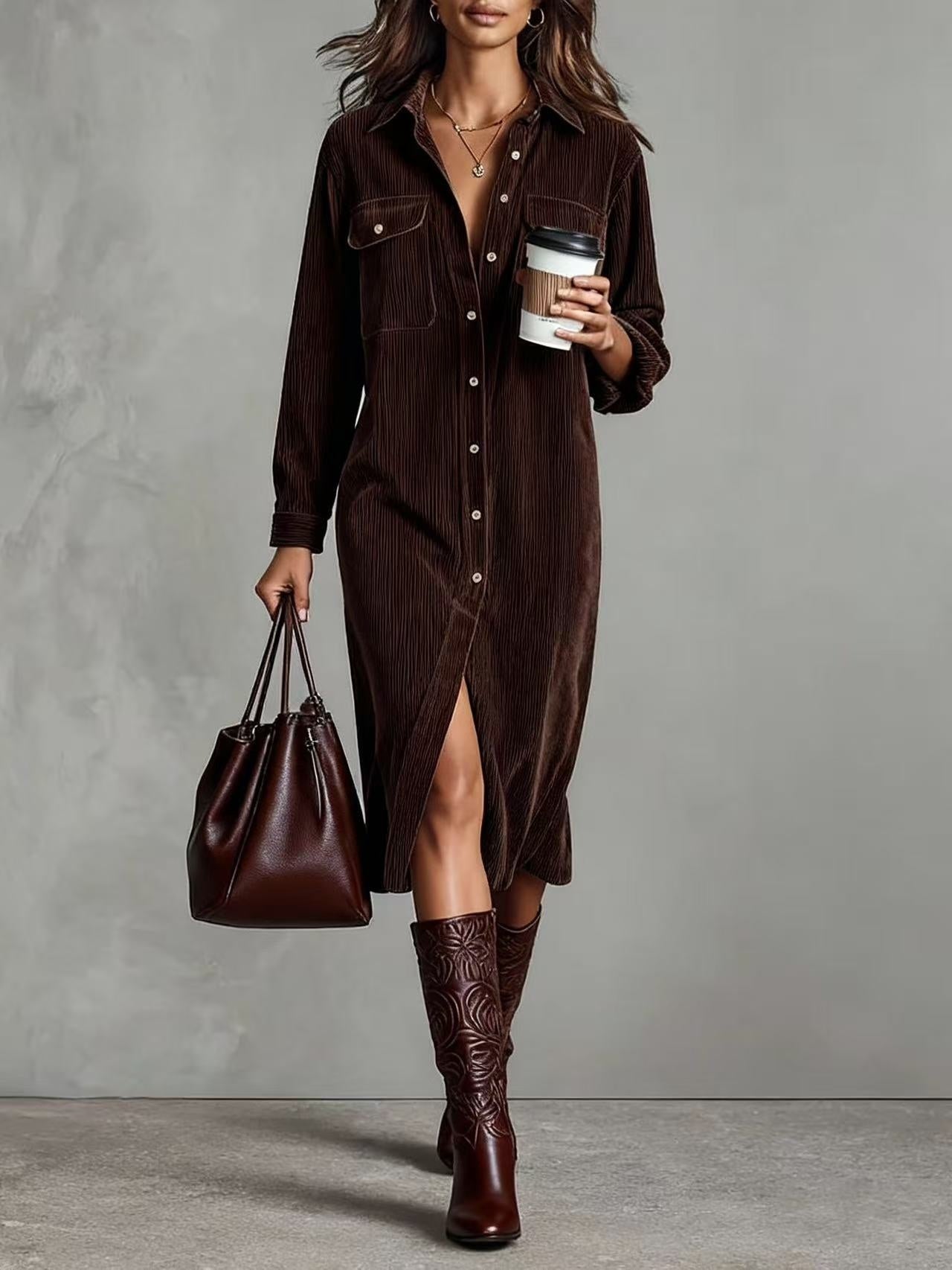 Turn-Down Collar Buttons Chic Casual Dress, Spring Autumn Solid Simple Party Holiday Dress