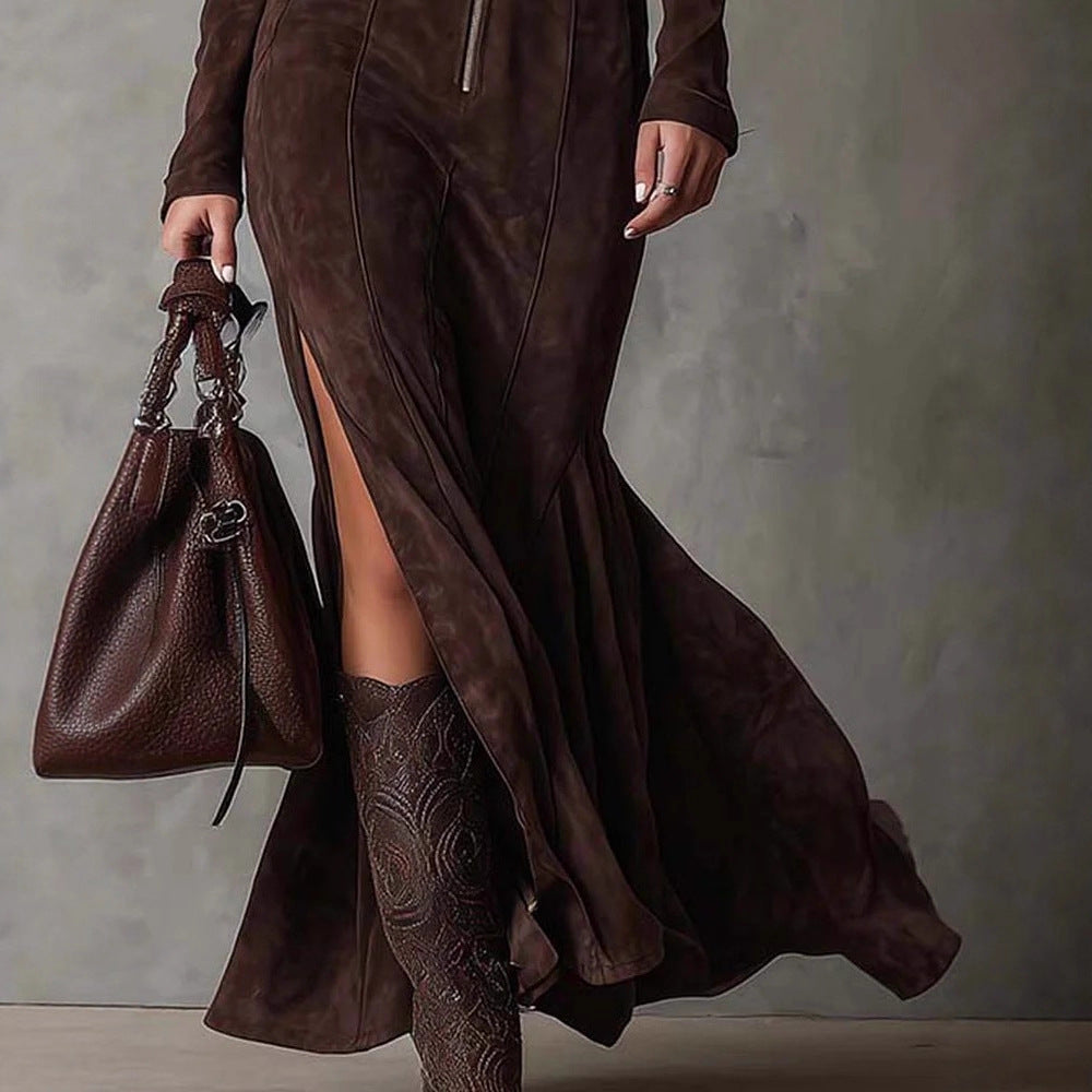 Slim Zipper Dress Elegant Temperament Split Long-sleeved Cowboy Fashion Retro Women's Clothing