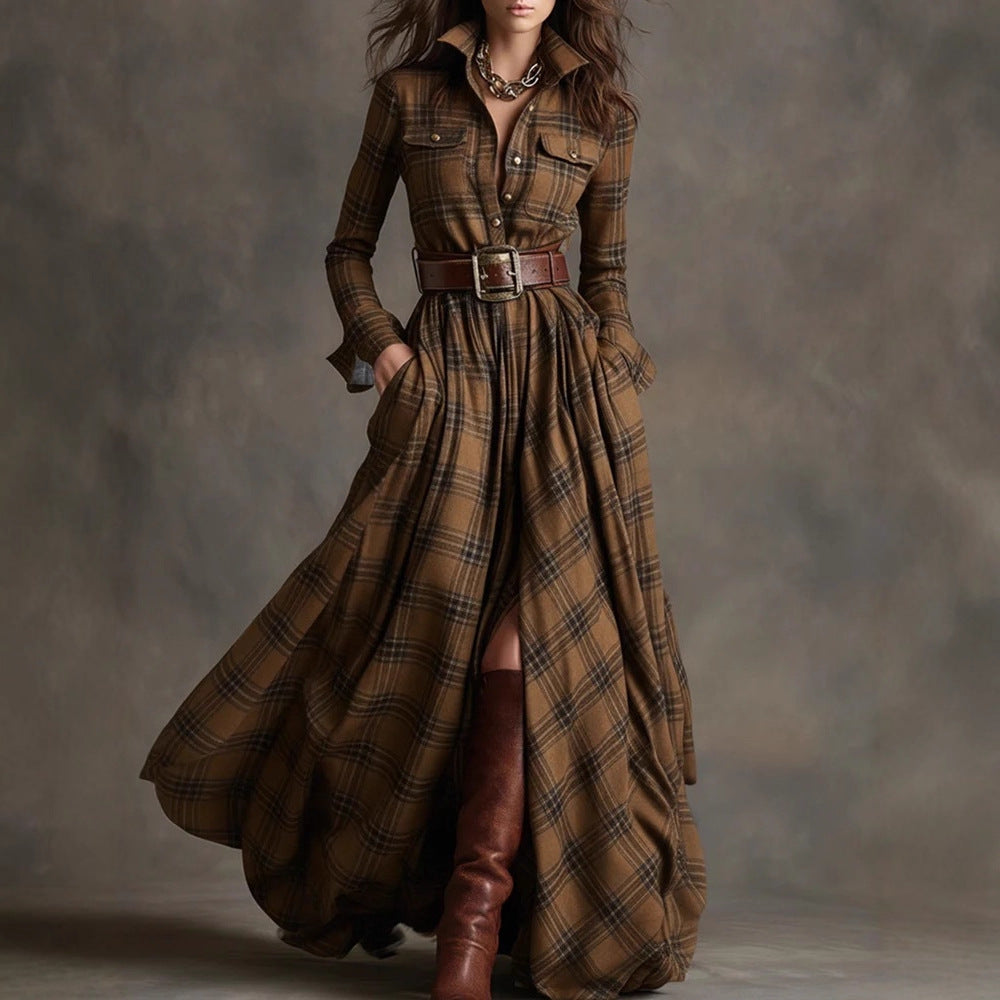 Ins Plaid Print Long-Sleeved Dress Fashion Pockets Collared Buttons Shirt Long Retro Dresses