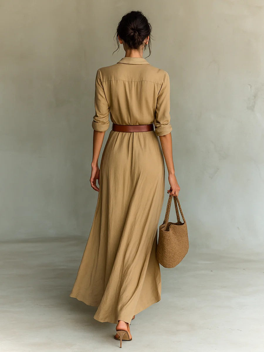 Irregular Long Dress With Belt Fashion And Elegant Button Lapel Long-sleeved Shirt Dresses