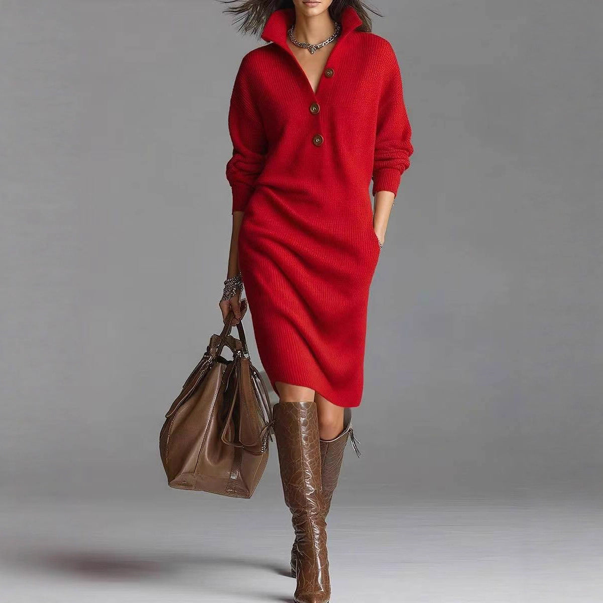 Long-sleeved Sweater Dress Fashion Warm Collar V-neck Button Pullover Casual Dresses