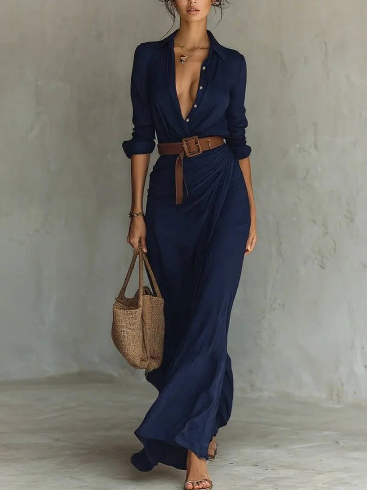 Irregular Long Dress With Belt Fashion And Elegant Button Lapel Long-sleeved Shirt Dresses