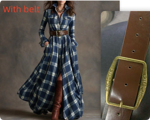 Ins Plaid Print Long-Sleeved Dress Fashion Pockets Collared Buttons Shirt Long Retro Dresses