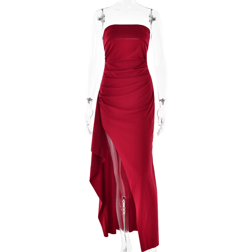 Strapless Split Long Summer Fashion Pleated Bridesmaid Dress Party Wedding