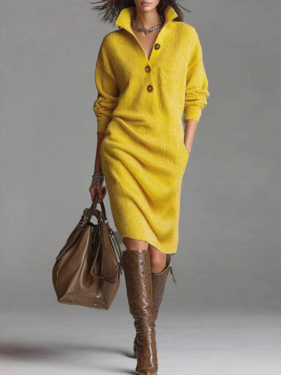 Long-sleeved Sweater Dress Fashion Warm Collar V-neck Button Pullover Casual Dresses
