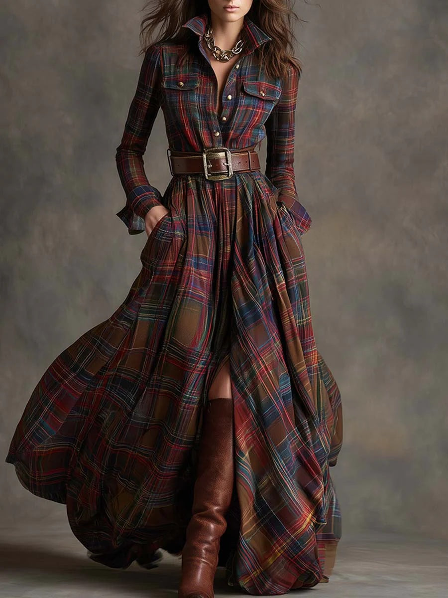 Ins Plaid Print Long-Sleeved Dress Fashion Pockets Collared Buttons Shirt Long Retro Dresses