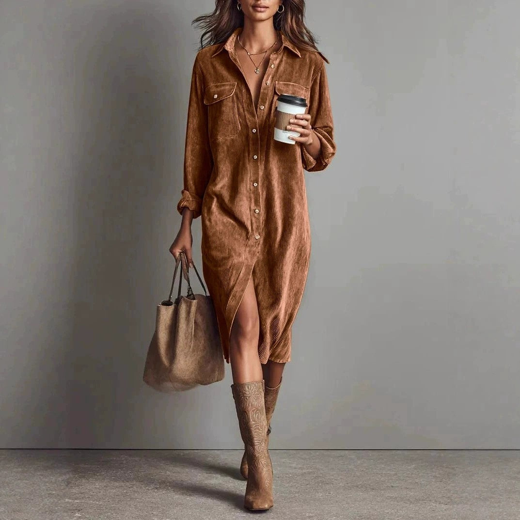 Turn-Down Collar Buttons Chic Casual Dress, Spring Autumn Solid Simple Party Holiday Dress