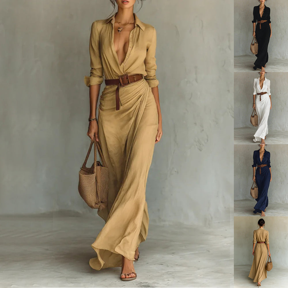 Irregular Long Dress With Belt Fashion And Elegant Button Lapel Long-sleeved Shirt Dresses