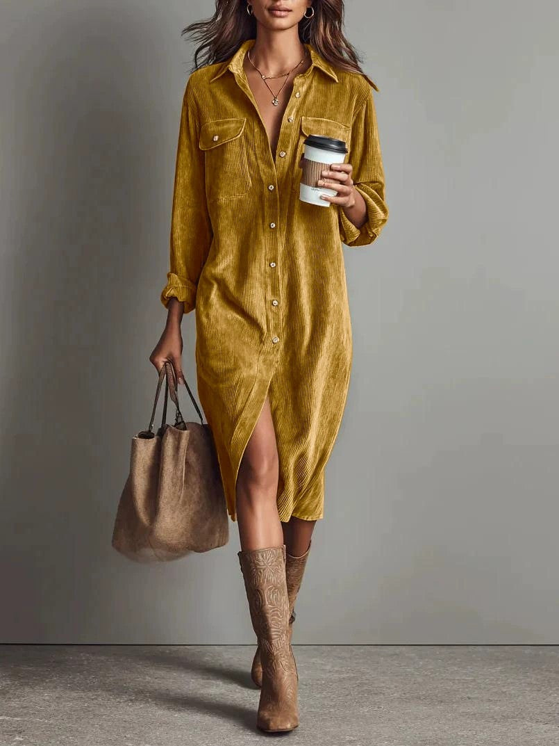 Turn-Down Collar Buttons Chic Casual Dress, Spring Autumn Solid Simple Party Holiday Dress