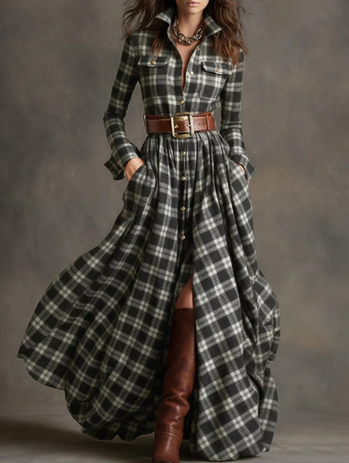 Ins Plaid Print Long-Sleeved Dress Fashion Pockets Collared Buttons Shirt Long Retro Dresses