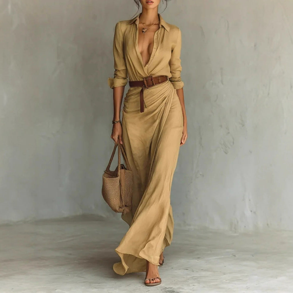 Irregular Long Dress With Belt Fashion And Elegant Button Lapel Long-sleeved Shirt Dresses
