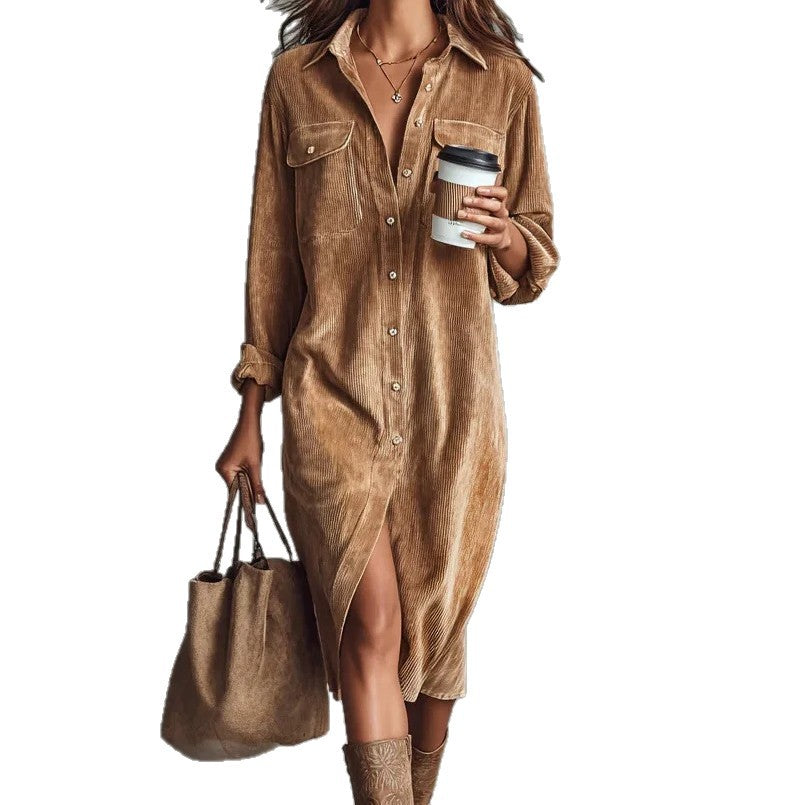 Turn-Down Collar Buttons Chic Casual Dress, Spring Autumn Solid Simple Party Holiday Dress