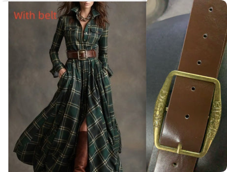 Ins Plaid Print Long-Sleeved Dress Fashion Pockets Collared Buttons Shirt Long Retro Dresses