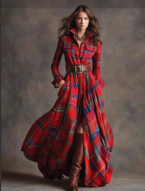 Ins Plaid Print Long-Sleeved Dress Fashion Pockets Collared Buttons Shirt Long Retro Dresses