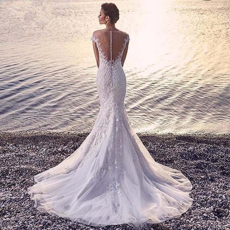 Princess Bride Mermaid White Trailing Perspective Backless Lace Wedding Dress