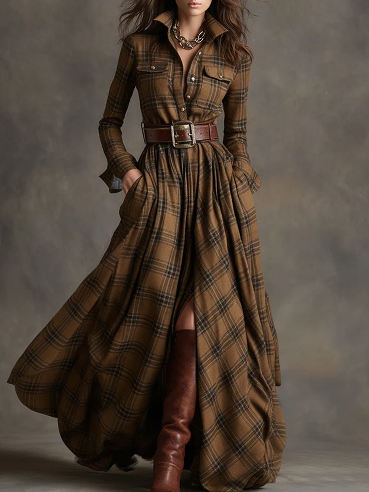 Ins Plaid Print Long-Sleeved Dress Fashion Pockets Collared Buttons Shirt Long Retro Dresses