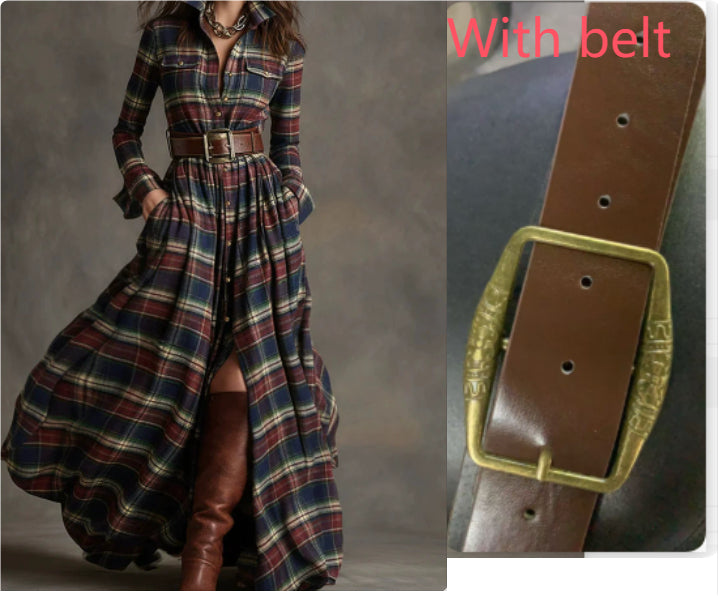 Ins Plaid Print Long-Sleeved Dress Fashion Pockets Collared Buttons Shirt Long Retro Dresses