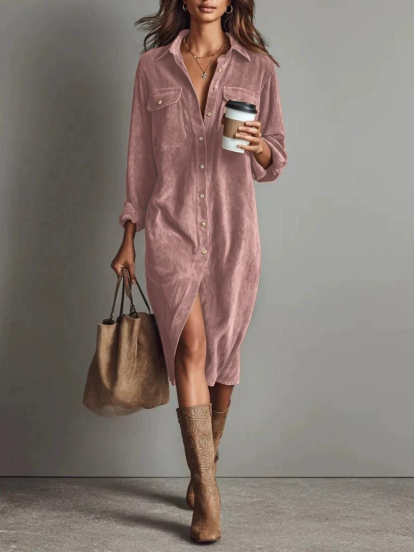 Turn-Down Collar Buttons Chic Casual Dress, Spring Autumn Solid Simple Party Holiday Dress