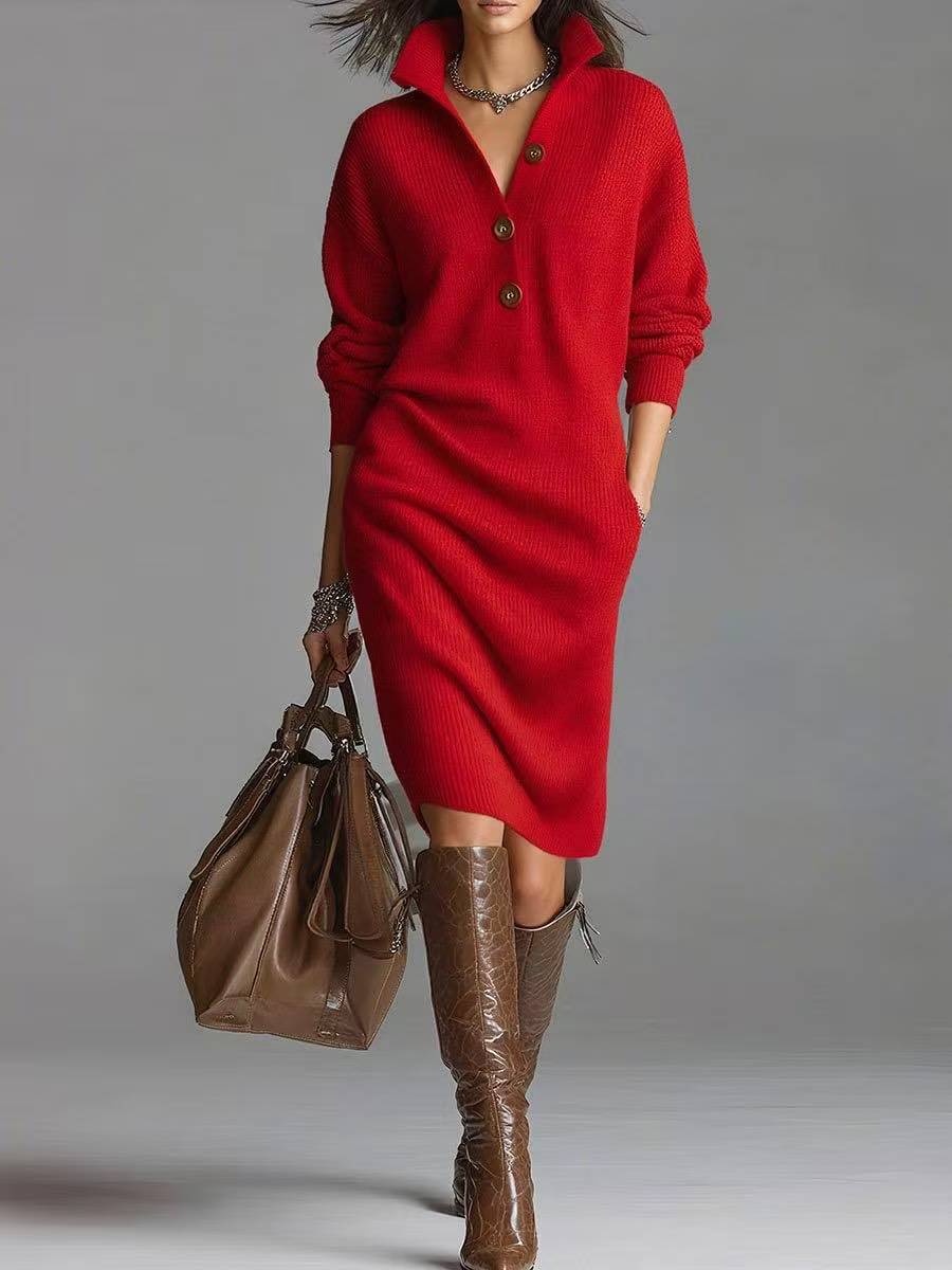 Long-sleeved Sweater Dress Fashion Warm Collar V-neck Button Pullover Casual Dresses