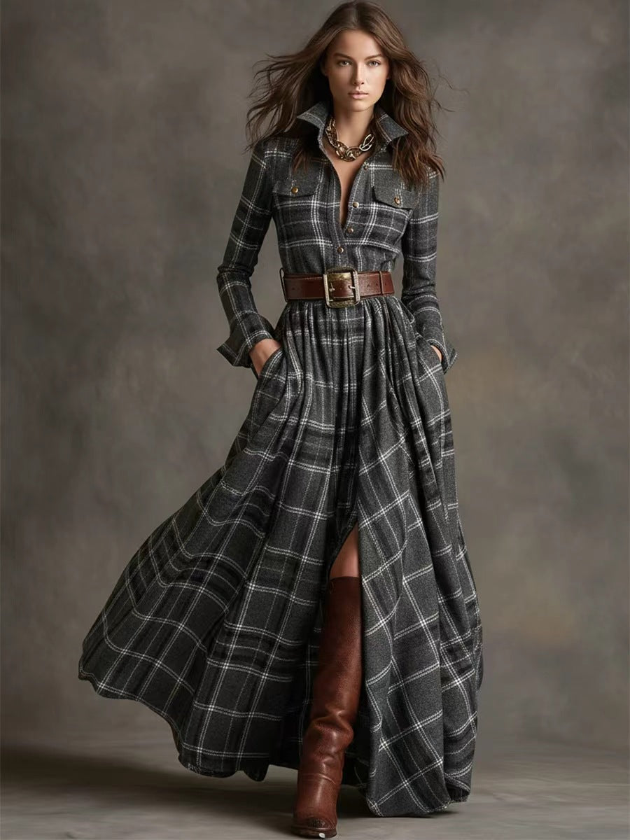 Ins Plaid Print Long-Sleeved Dress Fashion Pockets Collared Buttons Shirt Long Retro Dresses