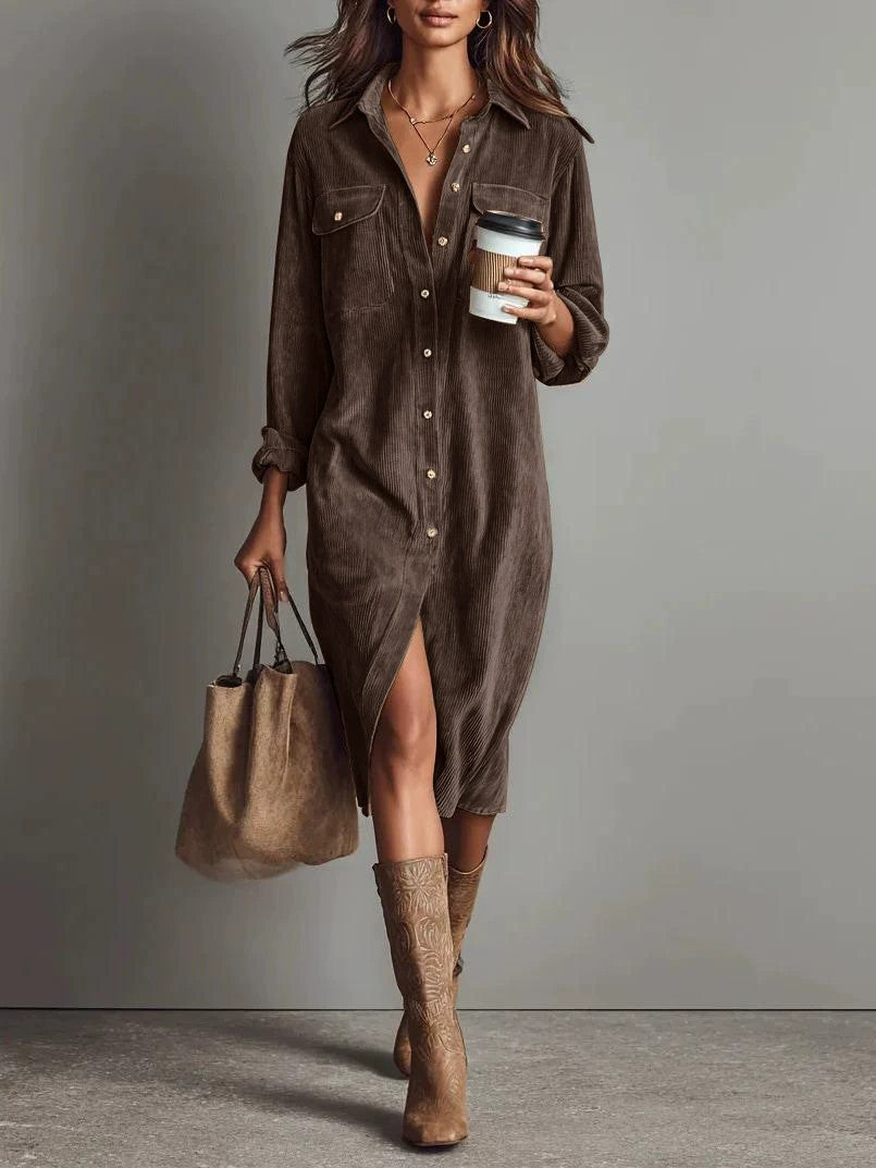 Turn-Down Collar Buttons Chic Casual Dress, Spring Autumn Solid Simple Party Holiday Dress