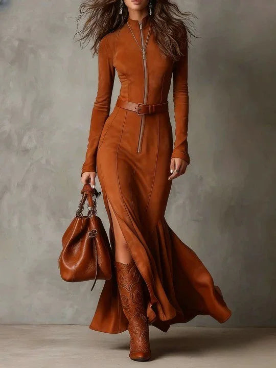 Slim Zipper Dress Elegant Temperament Split Long-sleeved Cowboy Fashion Retro Women's Clothing